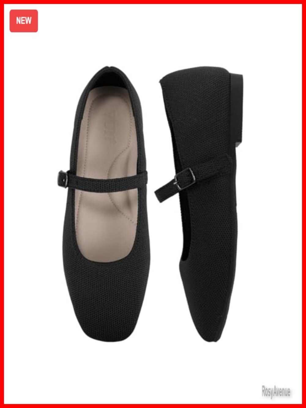 Knit Ballet Flats Square Toe Mary Jane Adjustable Ankle Strap Arch Support